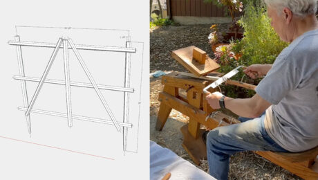 On the left: Tim Killen's garden hurdle design in SketchUp, on the right: Tim Killen seated at a shaving horse, shaving down eucalyptus